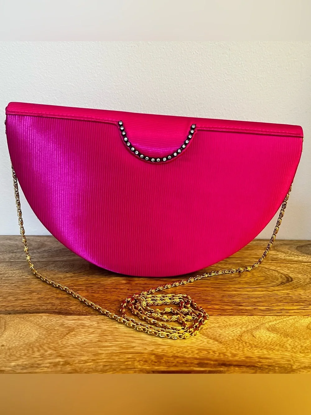 Vintage Deadstock Italian Hot Pink Satin Half Moon Clutch Bag